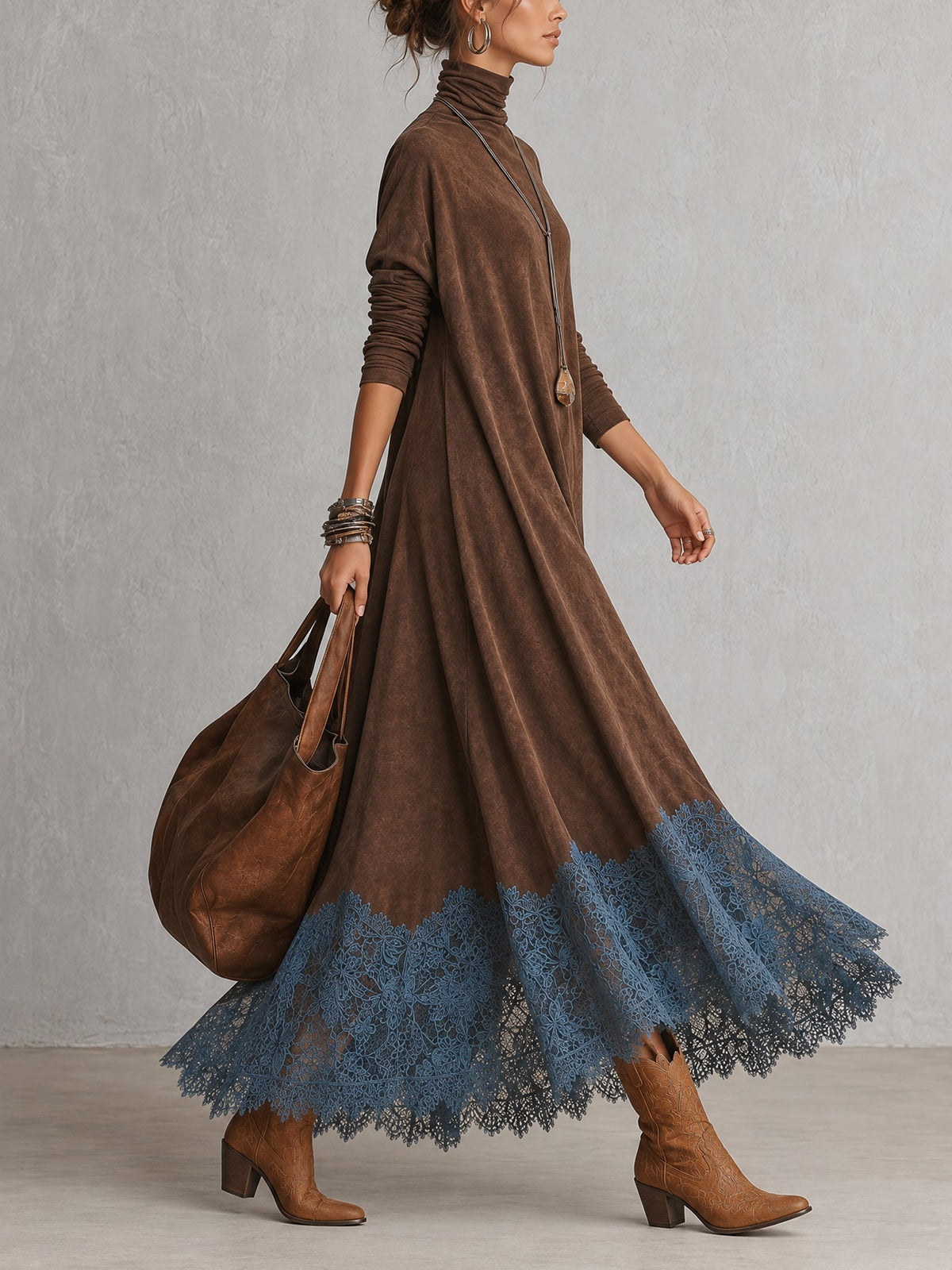 Vestido Adela largo efecto ante con bajo de encaje