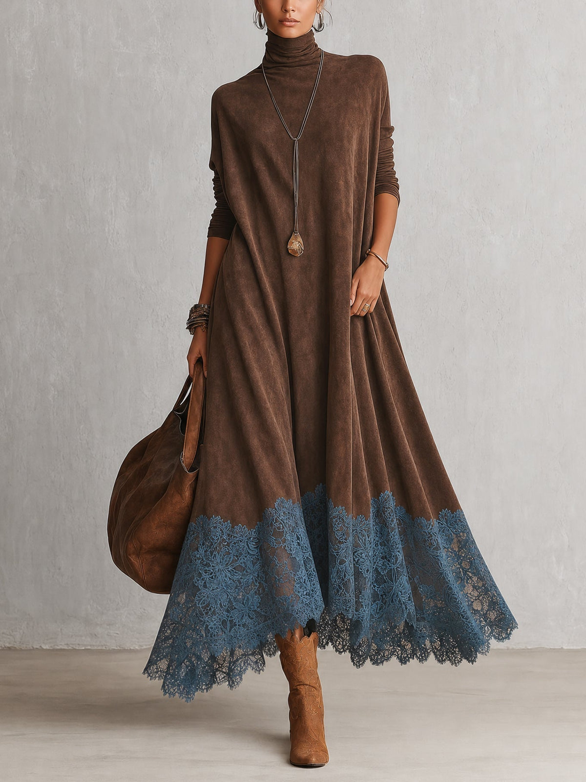 Vestido Adela largo efecto ante con bajo de encaje