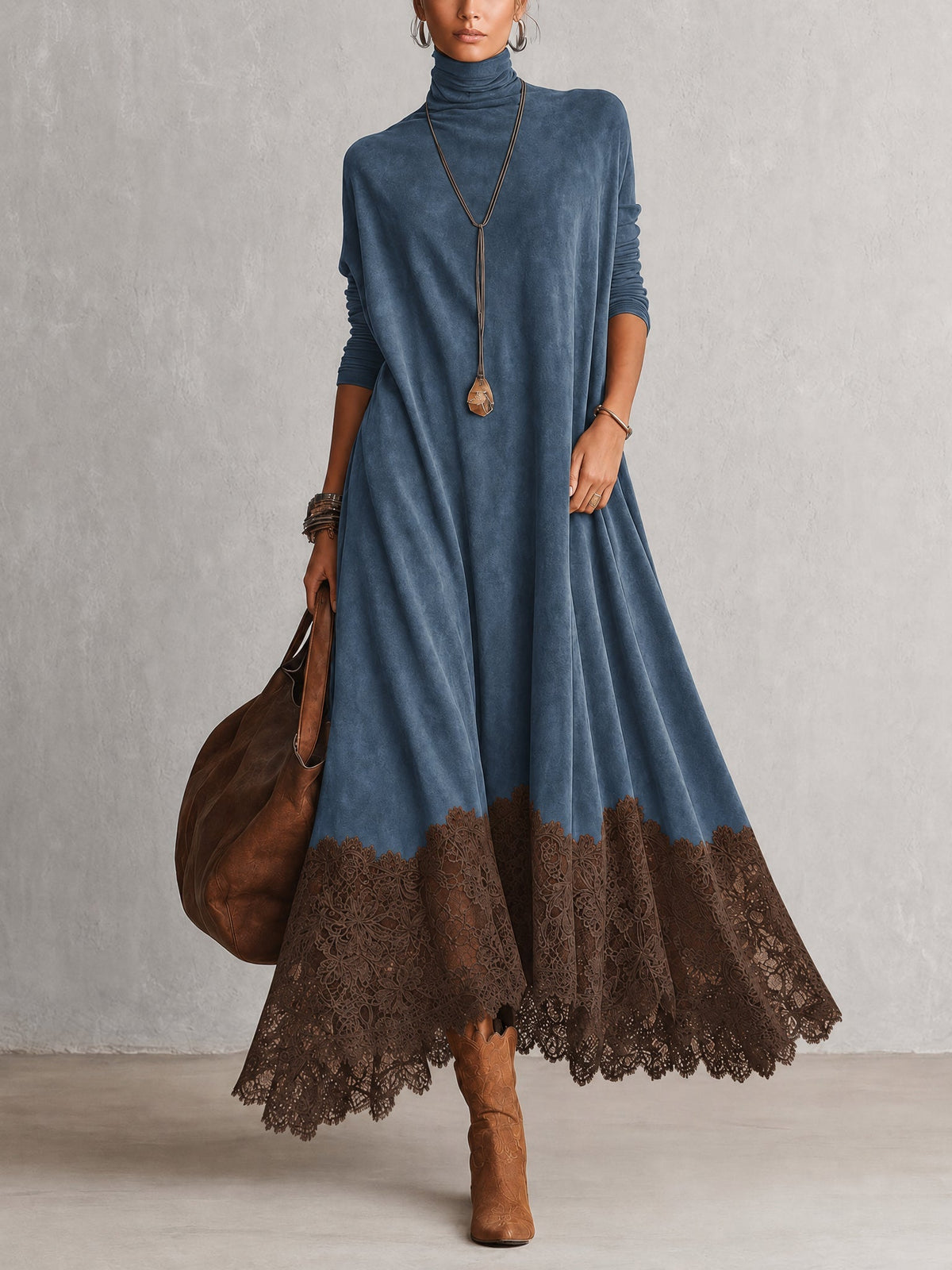 Vestido Adela largo efecto ante con bajo de encaje