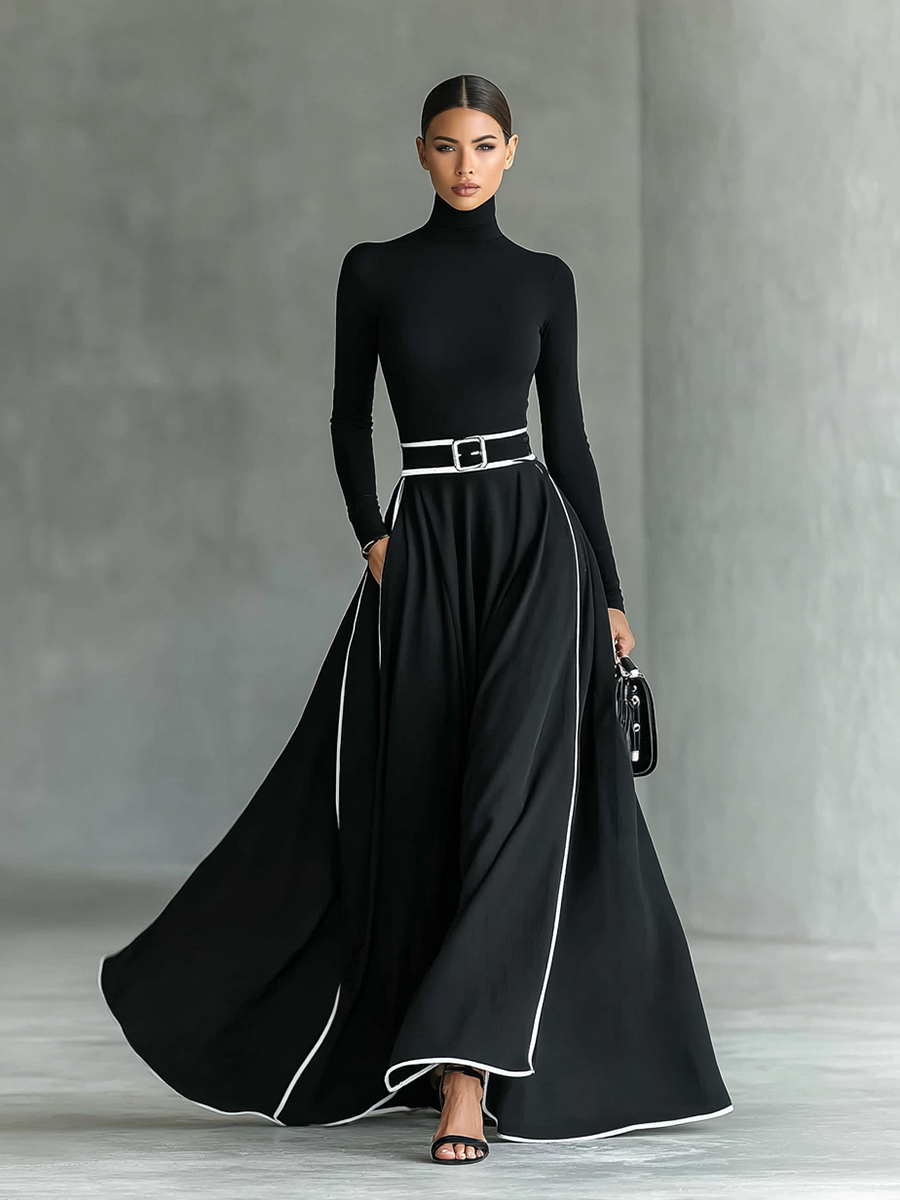 Vestido Gina — Maxi de Cuello Alto con Costuras en Contraste