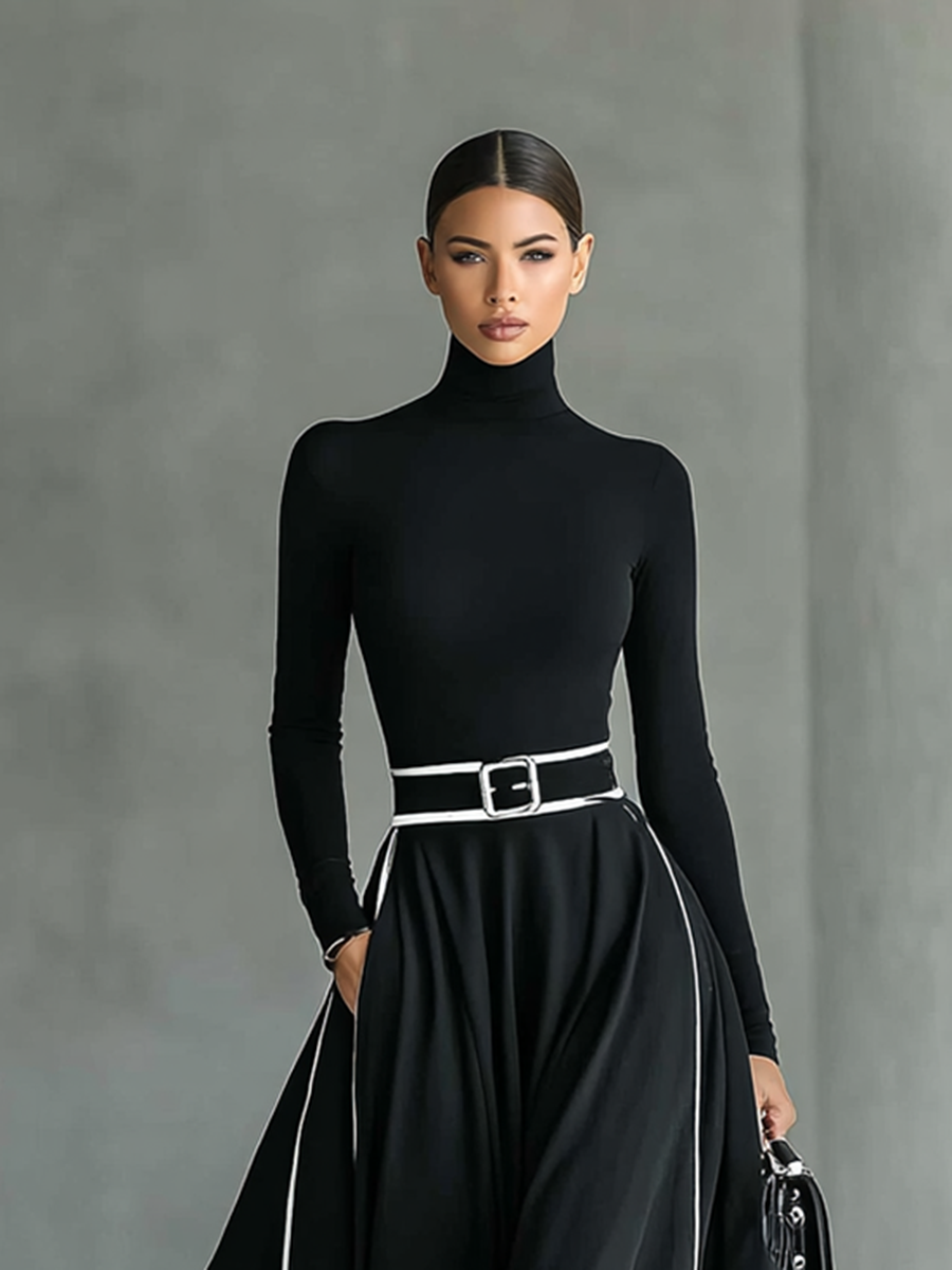 Vestido Gina — Maxi de Cuello Alto con Costuras en Contraste
