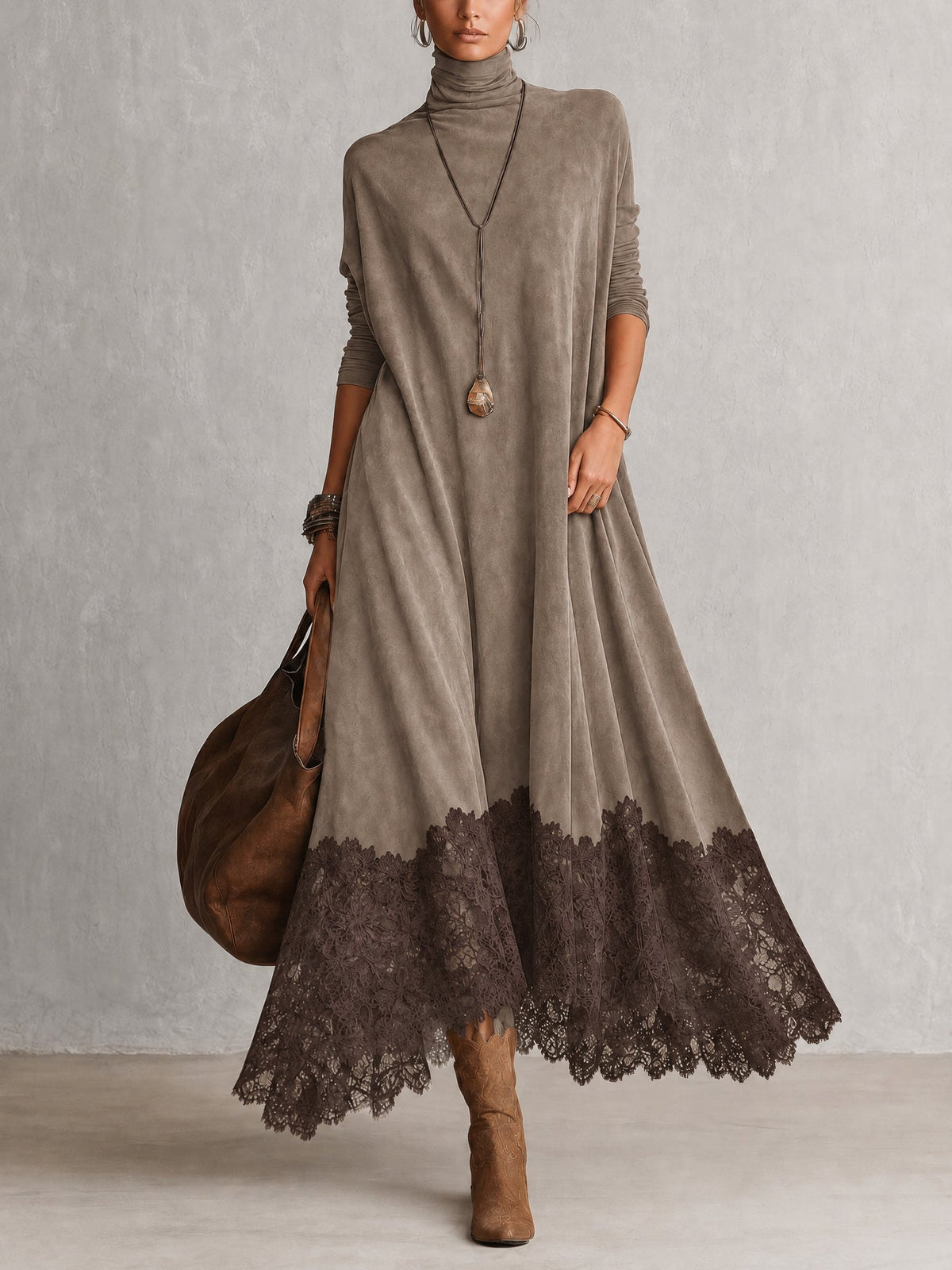 Vestido Adela largo efecto ante con bajo de encaje