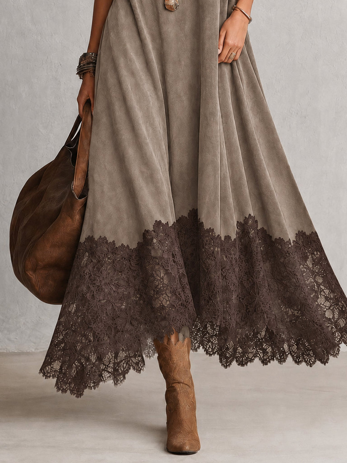 Vestido Adela largo efecto ante con bajo de encaje