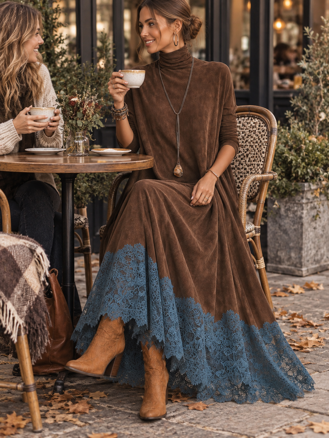 Vestido Adela largo efecto ante con bajo de encaje