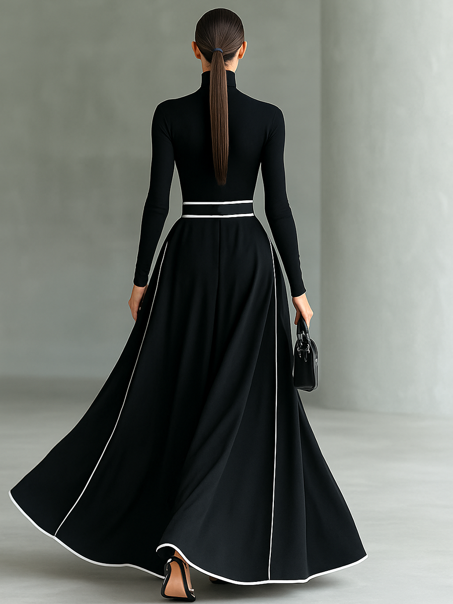 Vestido Gina — Maxi de Cuello Alto con Costuras en Contraste