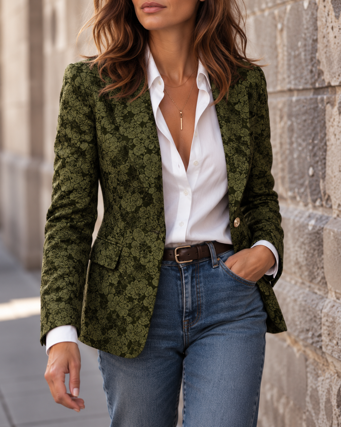 Blazer Martina verde oliva de jacquard floral con camisa blanca y vaqueros