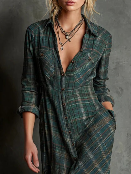 Vestido Manuela — Largo de Cuadros con Escote en V