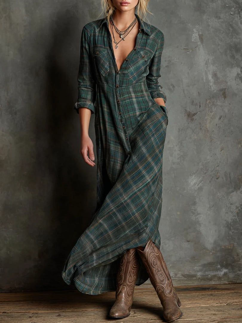 Vestido Manuela — Largo de Cuadros con Escote en V
