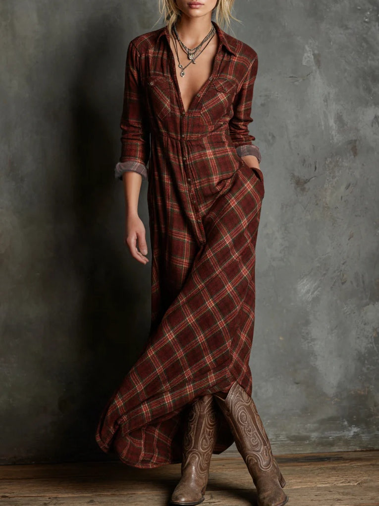 Vestido Manuela — Largo de Cuadros con Escote en V