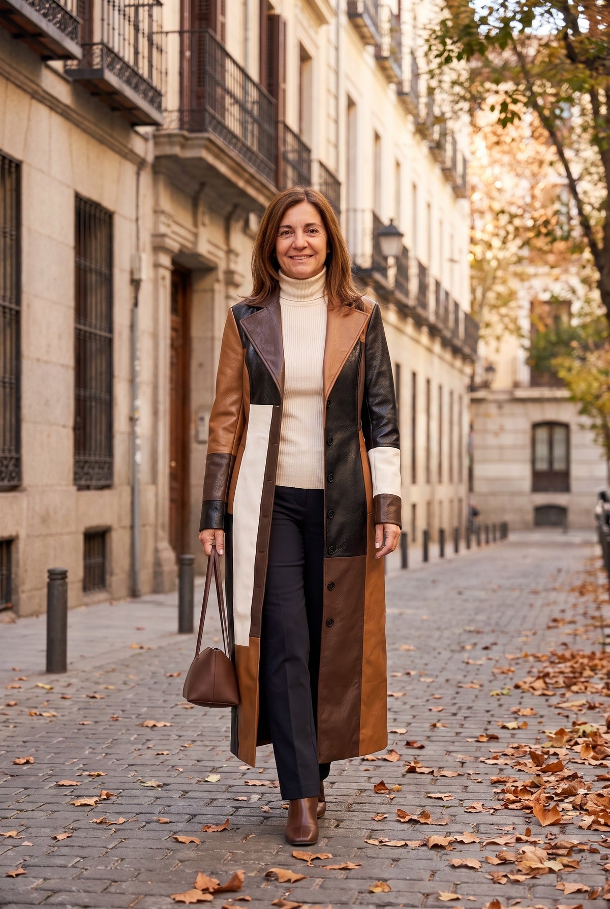 Abrigo Nila patchwork efecto piel, look de calle en otoño