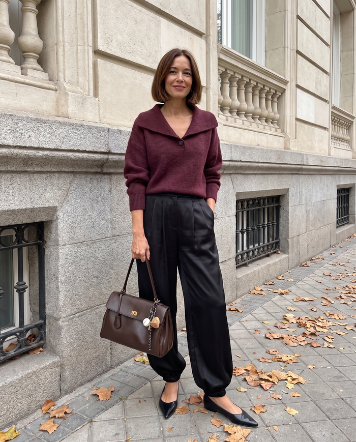Look Burdeos: Jersey Alessandra, Pantalón Camille y Bolso Livia