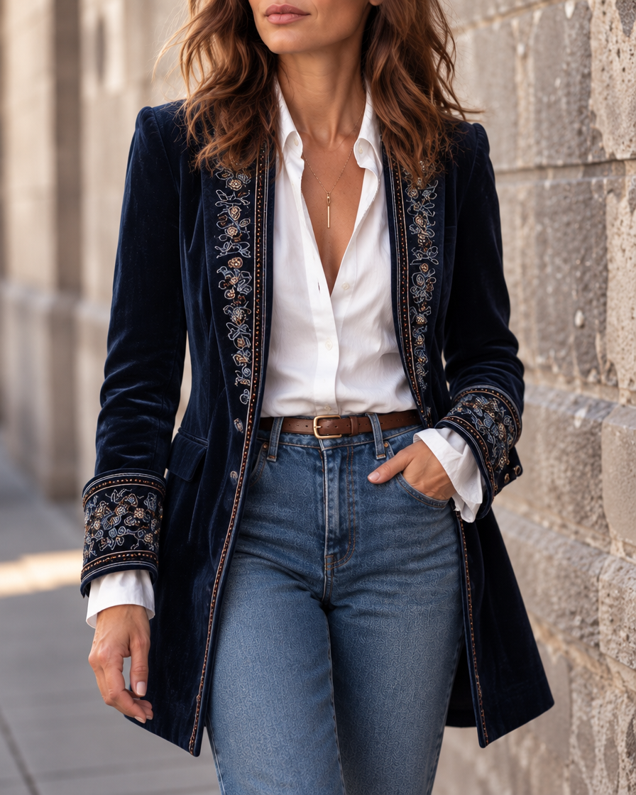 Chaqueta Aurora larga azul marino bordada, con camisa blanca y vaqueros