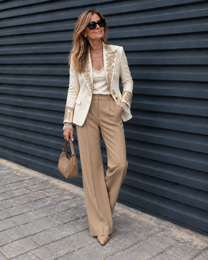 Blazer Victoria marfil bordado con pantalón camel y bolso, look completo