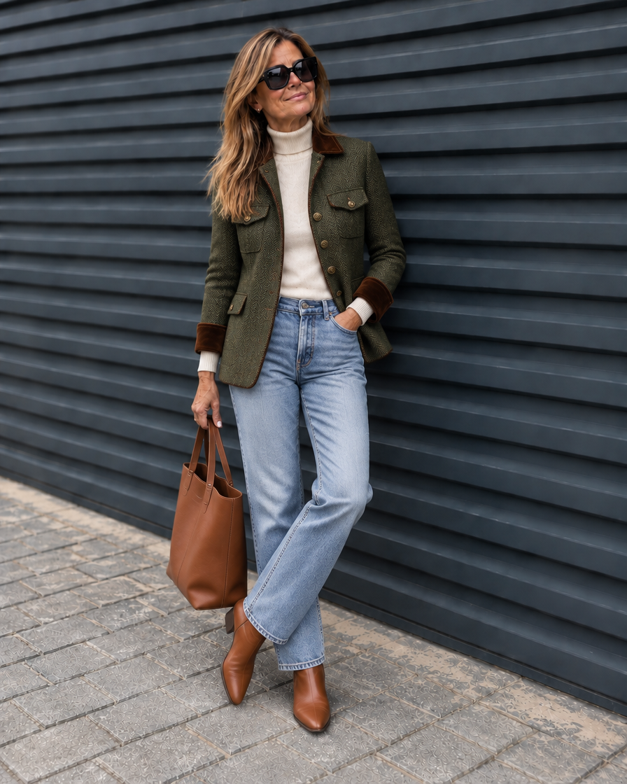 Blazer Olivia verde oliva con jersey de cuello alto y vaqueros claros, look completo