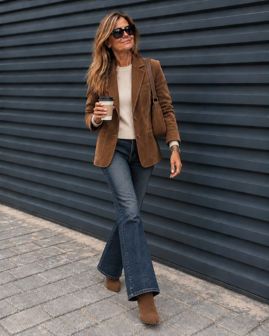 Blazer Lucía marrón vintage con jersey crema y vaqueros acampanados, look completo