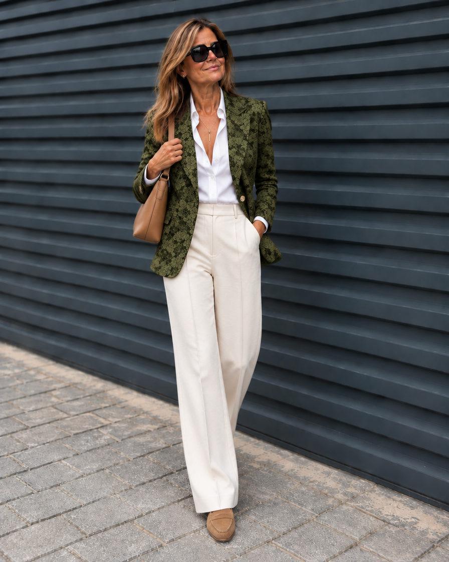 Blazer Martina verde de jacquard floral con camisa blanca y pantalón crema ancho, look completo