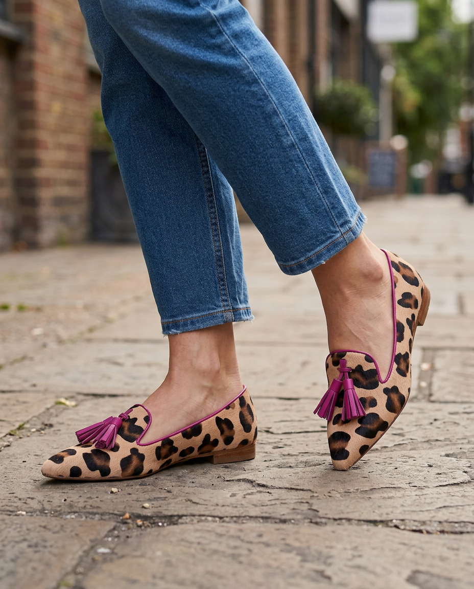 Mocasín Ilaria — Leopardo con Borlas Fucsia